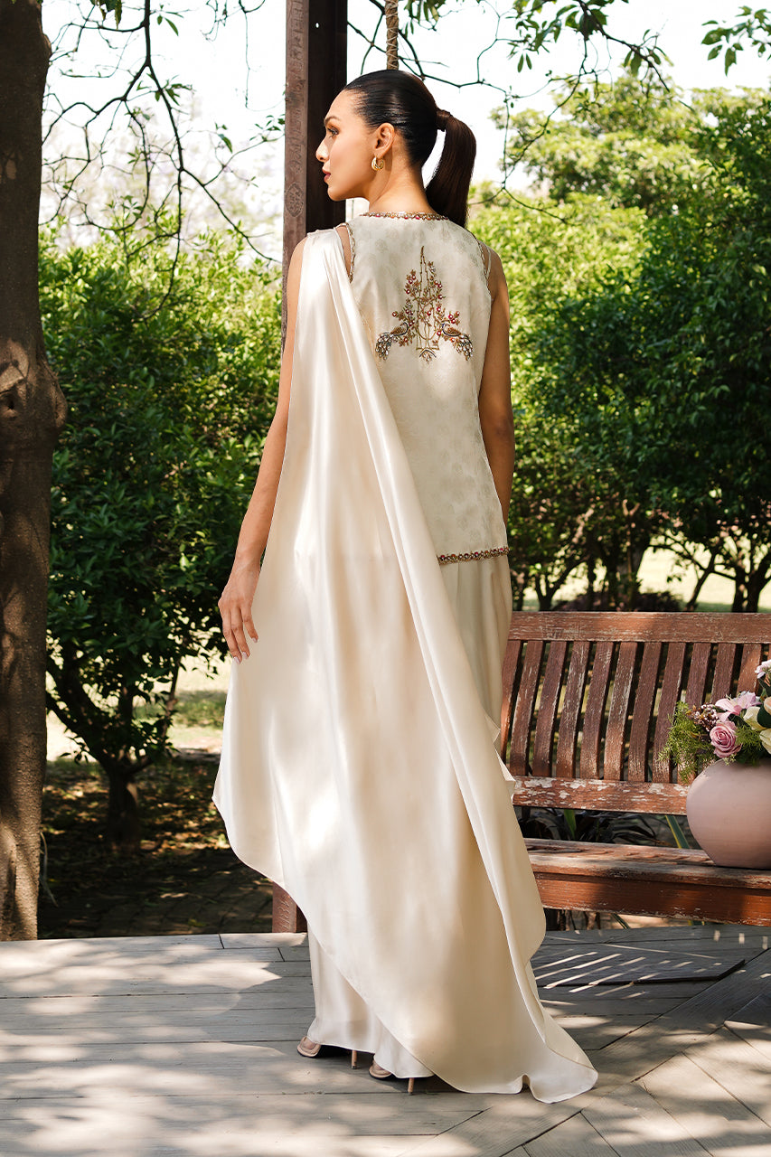 Ivory Zardozi Jamawar & Charmeuse Saree (3-Piece) - Image 2