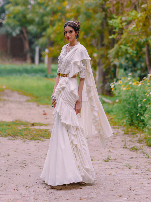 Ivory Beaded Raw Silk & Chiffon Saree (2-Piece) - Image 1