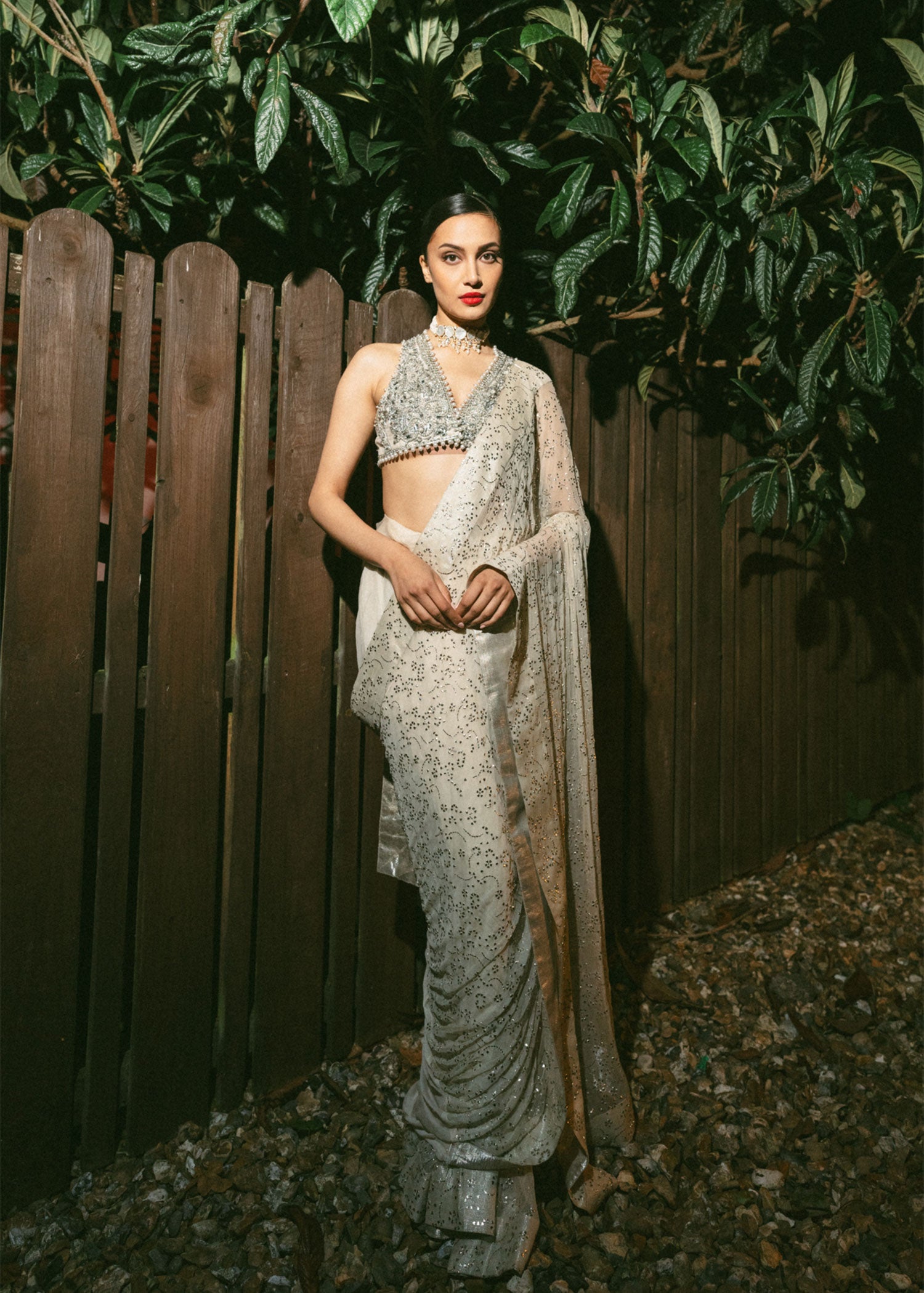 Indian Alabaster Mukaish Chiffon Saree with Net Blouse (2-Piece) - Image 2