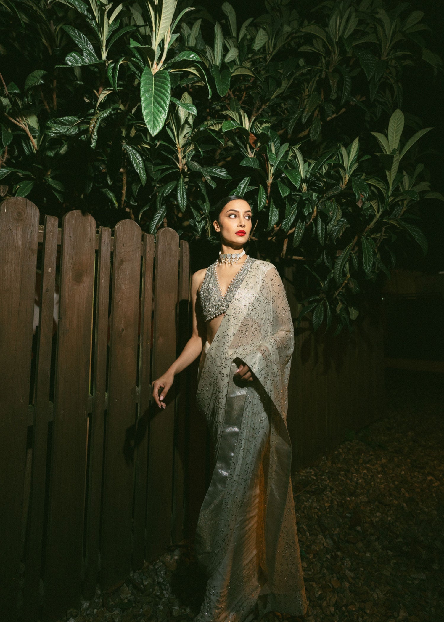 Indian Alabaster Mukaish Chiffon Saree with Net Blouse (2-Piece) - Image 4