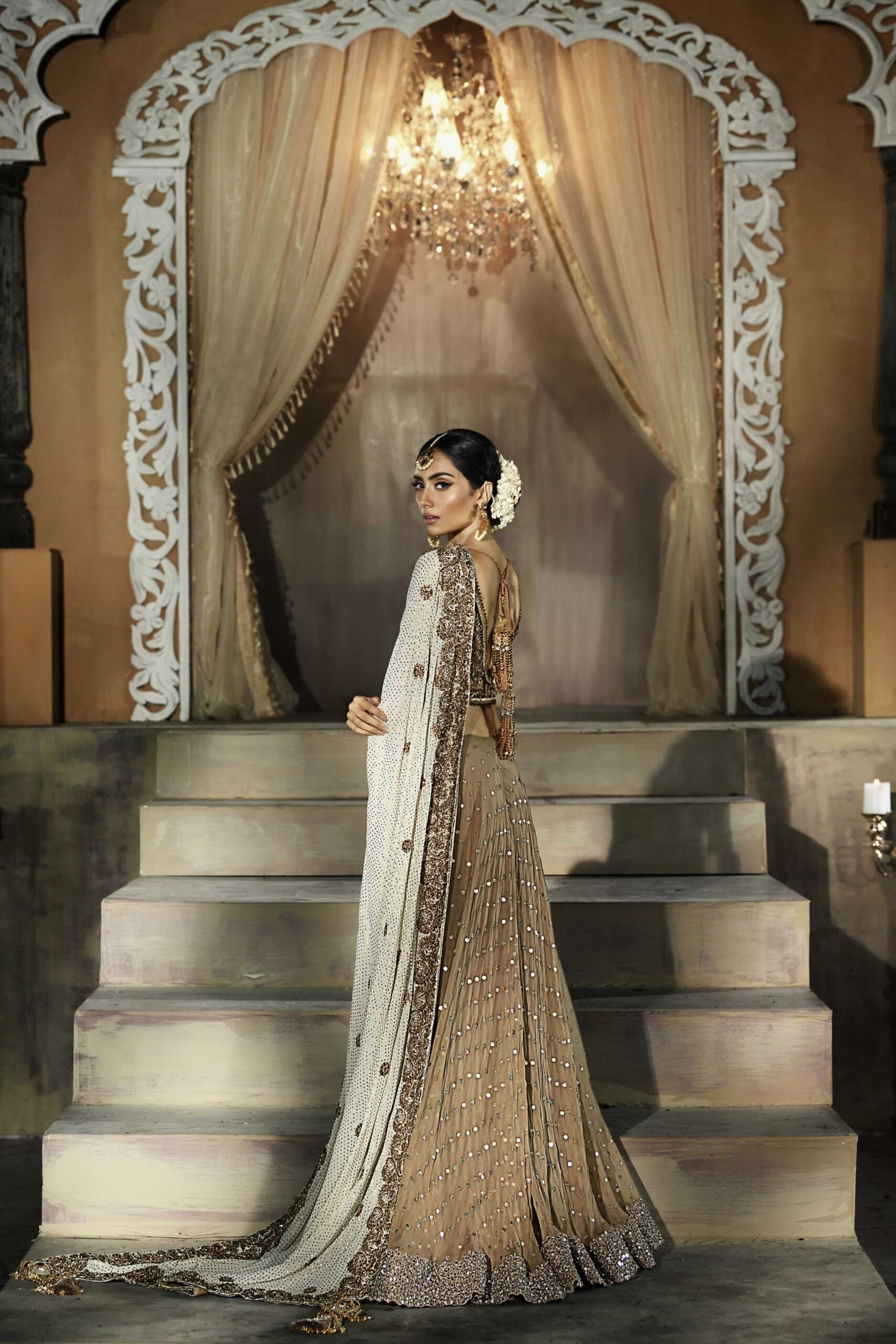 Indian Off-White Bronze Mukesh Chiffon Lehenga Saree (2-Piece) - Image 4