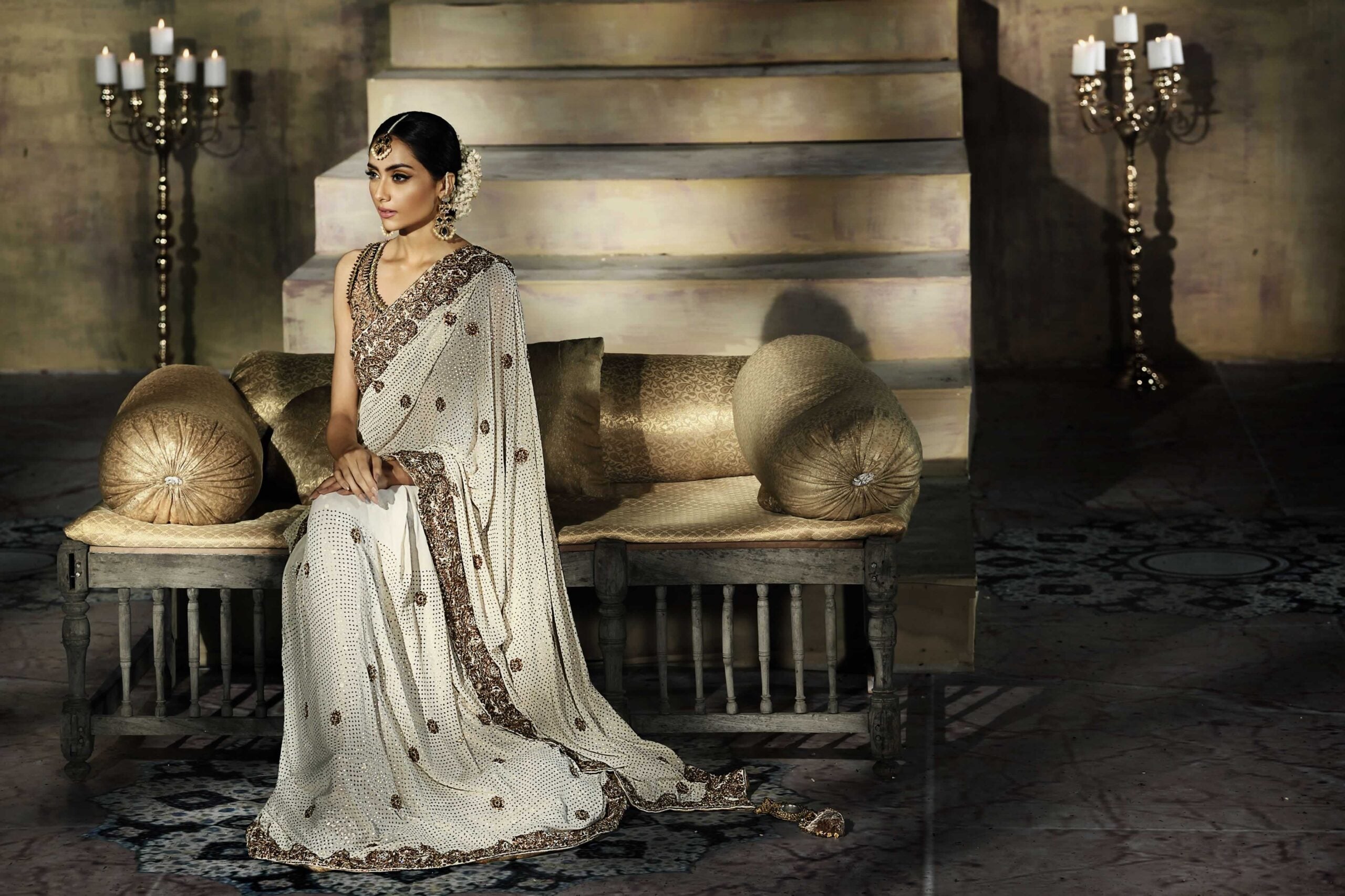 Indian Off-White Bronze Mukesh Chiffon Lehenga Saree (2-Piece) - Image 5