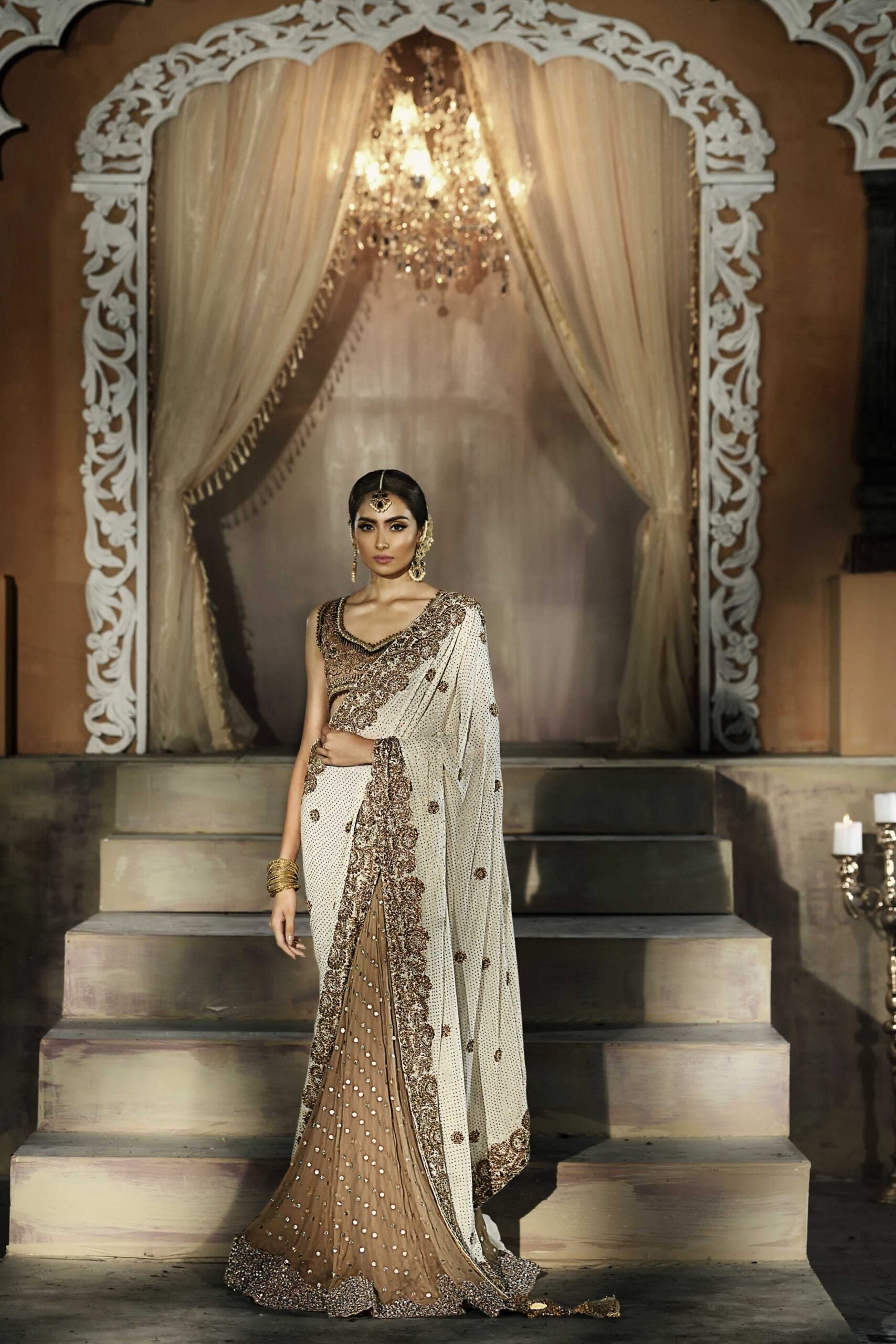 Pakistani Off-White & Bronze Mukesh Chiffon Lehenga Saree (2-Piece) - Image 2