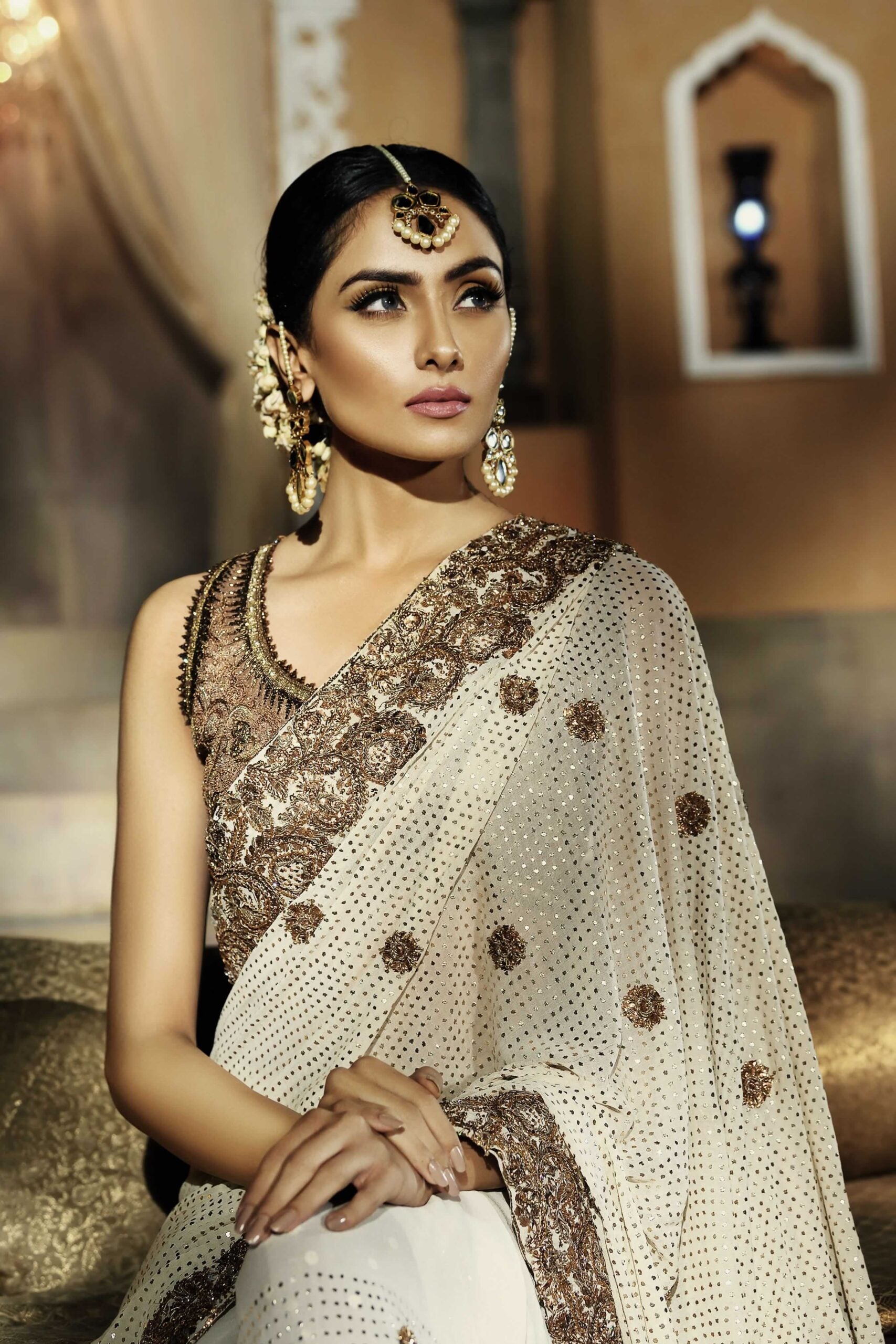 Pakistani Off-White & Bronze Mukesh Chiffon Lehenga Saree (2-Piece) - Image 3