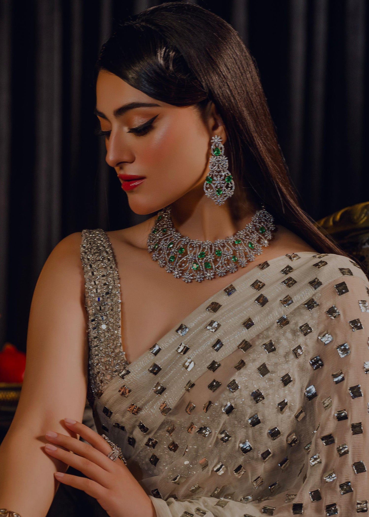 Porcelain Mukesh Chiffon Saree with Net Blouse (2-Piece) - Image 2