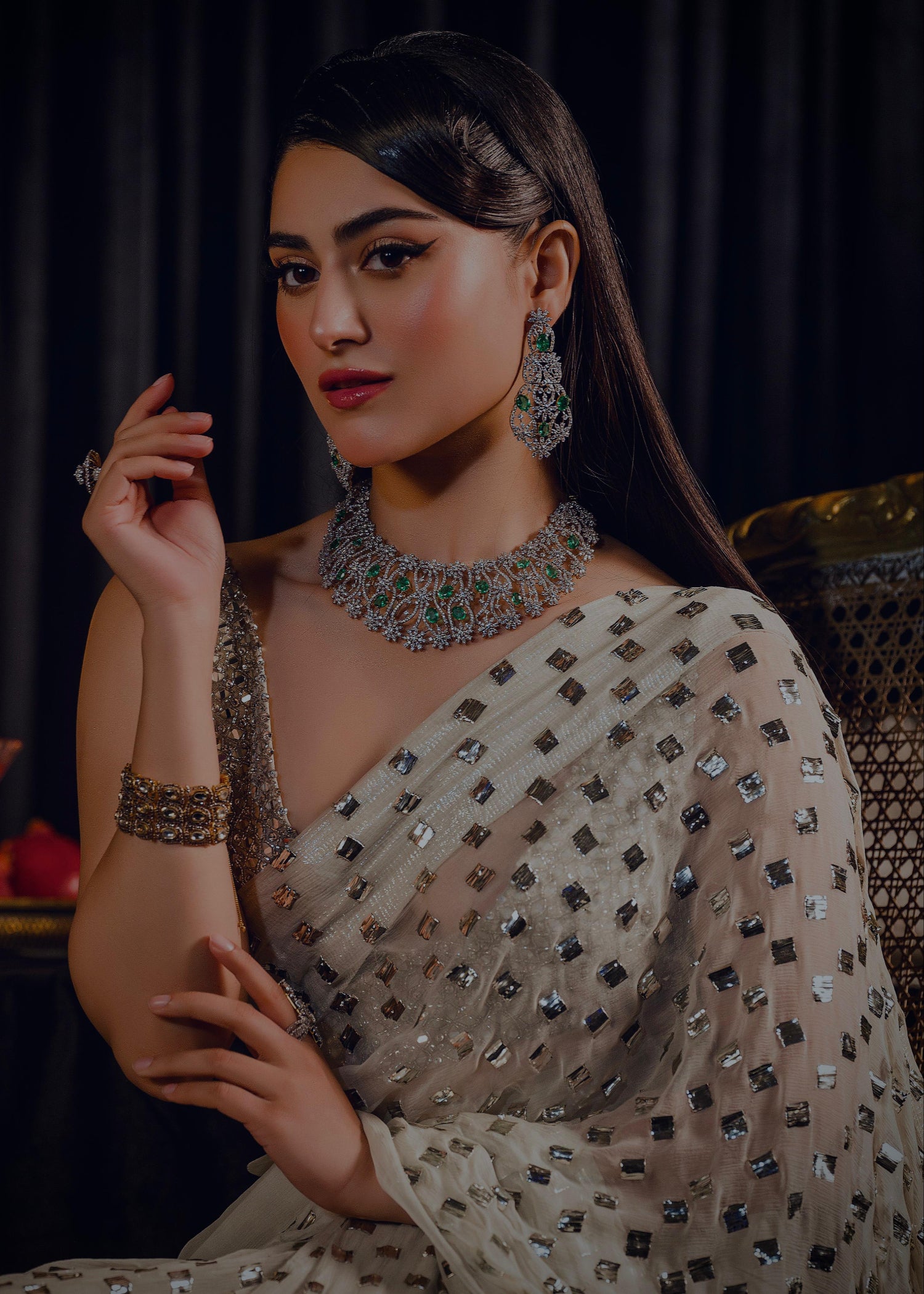 Porcelain Mukesh Chiffon Saree with Net Blouse (2-Piece) - Image 3