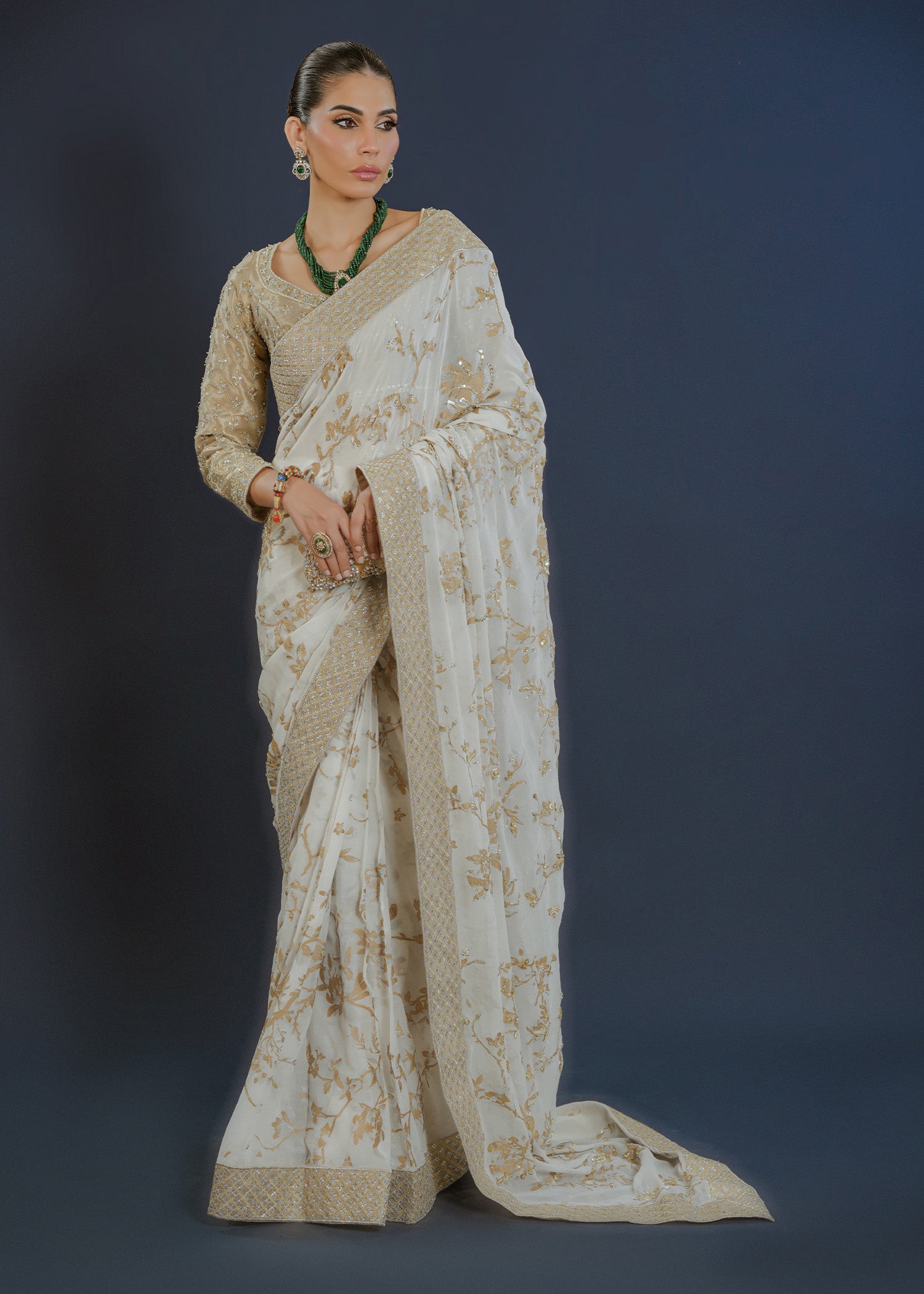 Ivory Gold Embellished Chiffon Tissue Saree (3-Piece) - Image 1