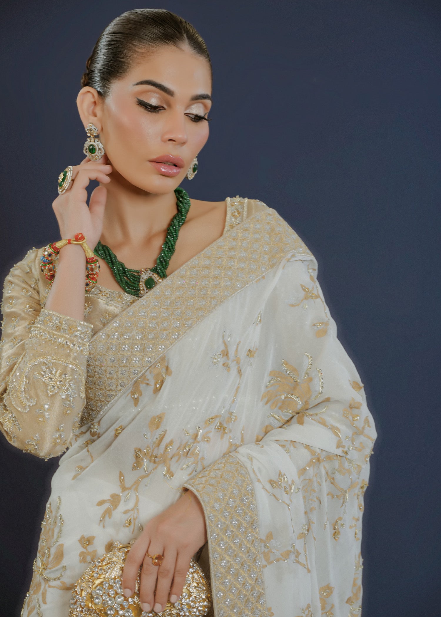 Ivory Gold Embellished Chiffon Tissue Saree (3-Piece) - Image 2
