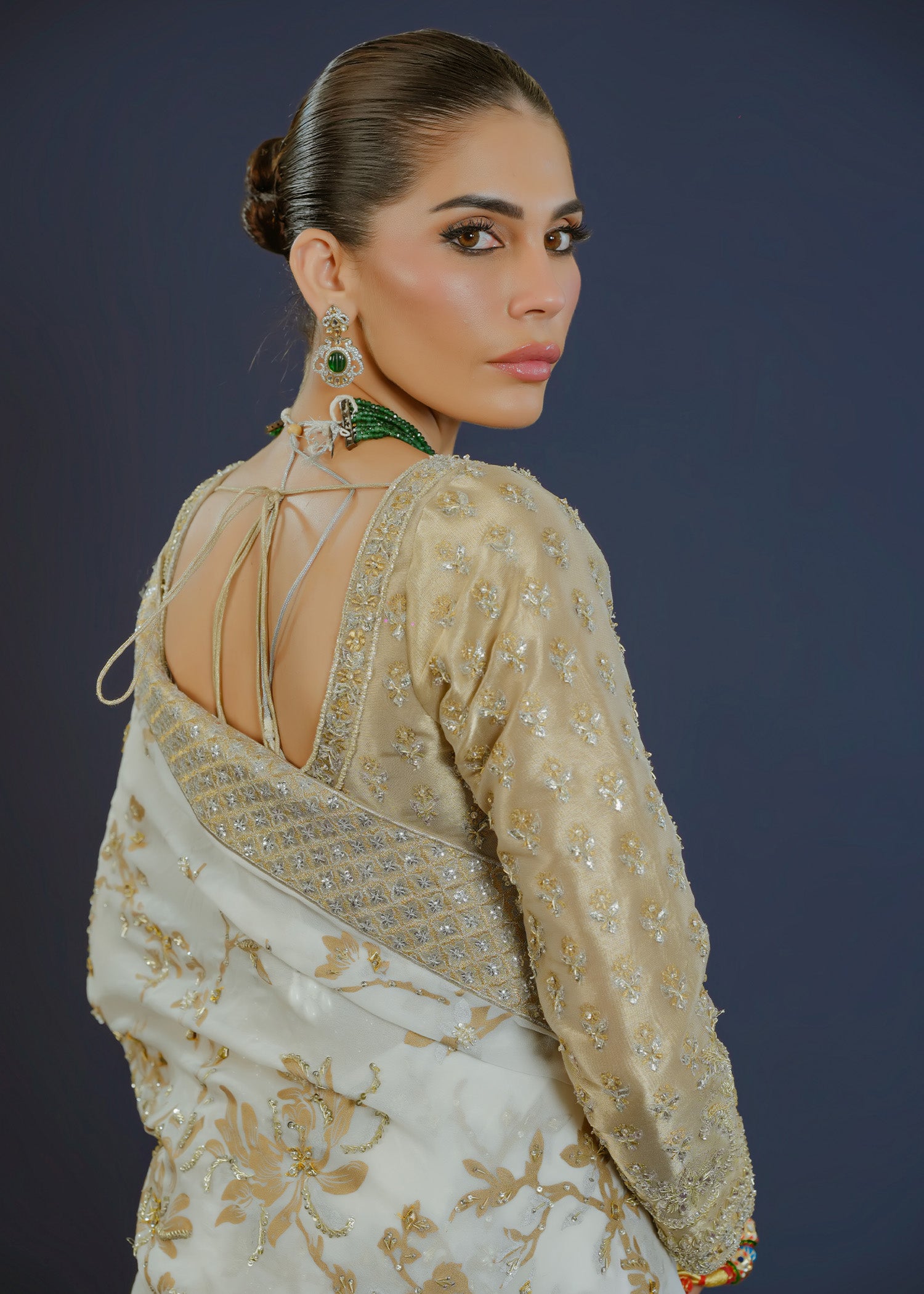 Ivory Gold Embellished Chiffon Tissue Saree (3-Piece) - Image 3