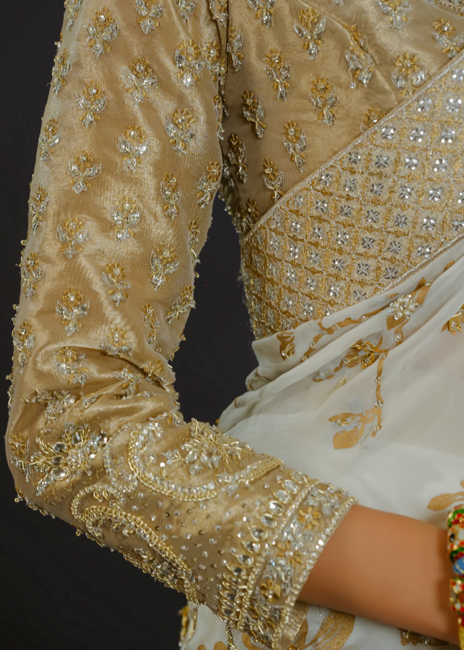 Ivory Gold Embellished Chiffon Tissue Saree (3-Piece) - Image 4