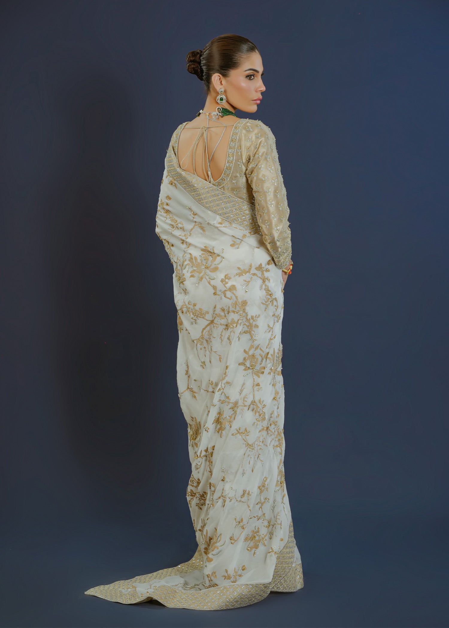 Ivory Gold Embellished Chiffon Tissue Saree (3-Piece) - Image 5