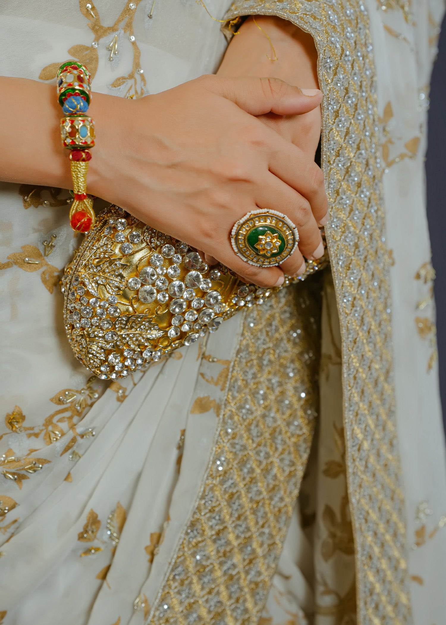 Ivory Gold Embellished Chiffon Tissue Saree (3-Piece) - Image 6