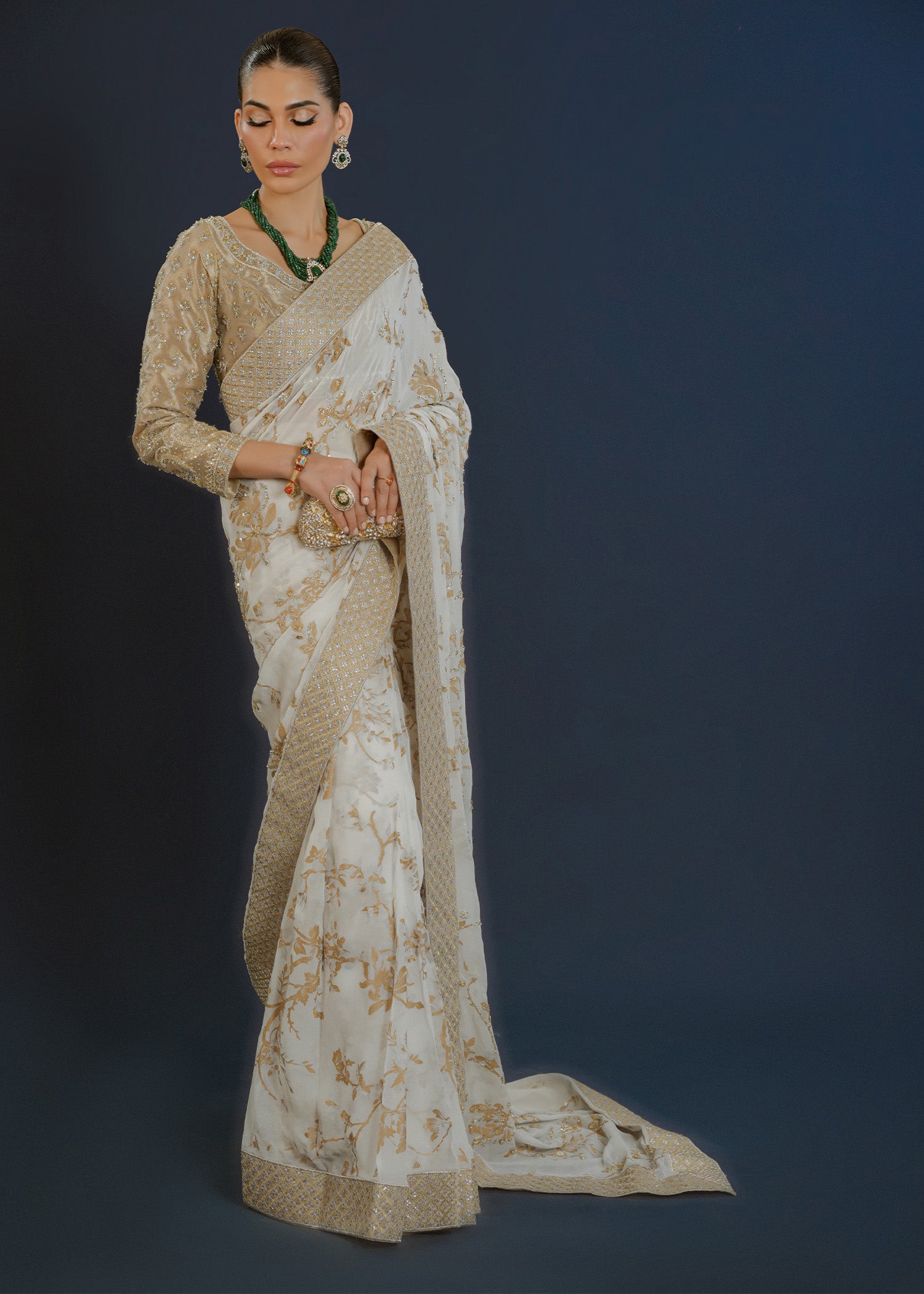 Ivory Gold Embellished Chiffon Tissue Saree (3-Piece) - Image 7