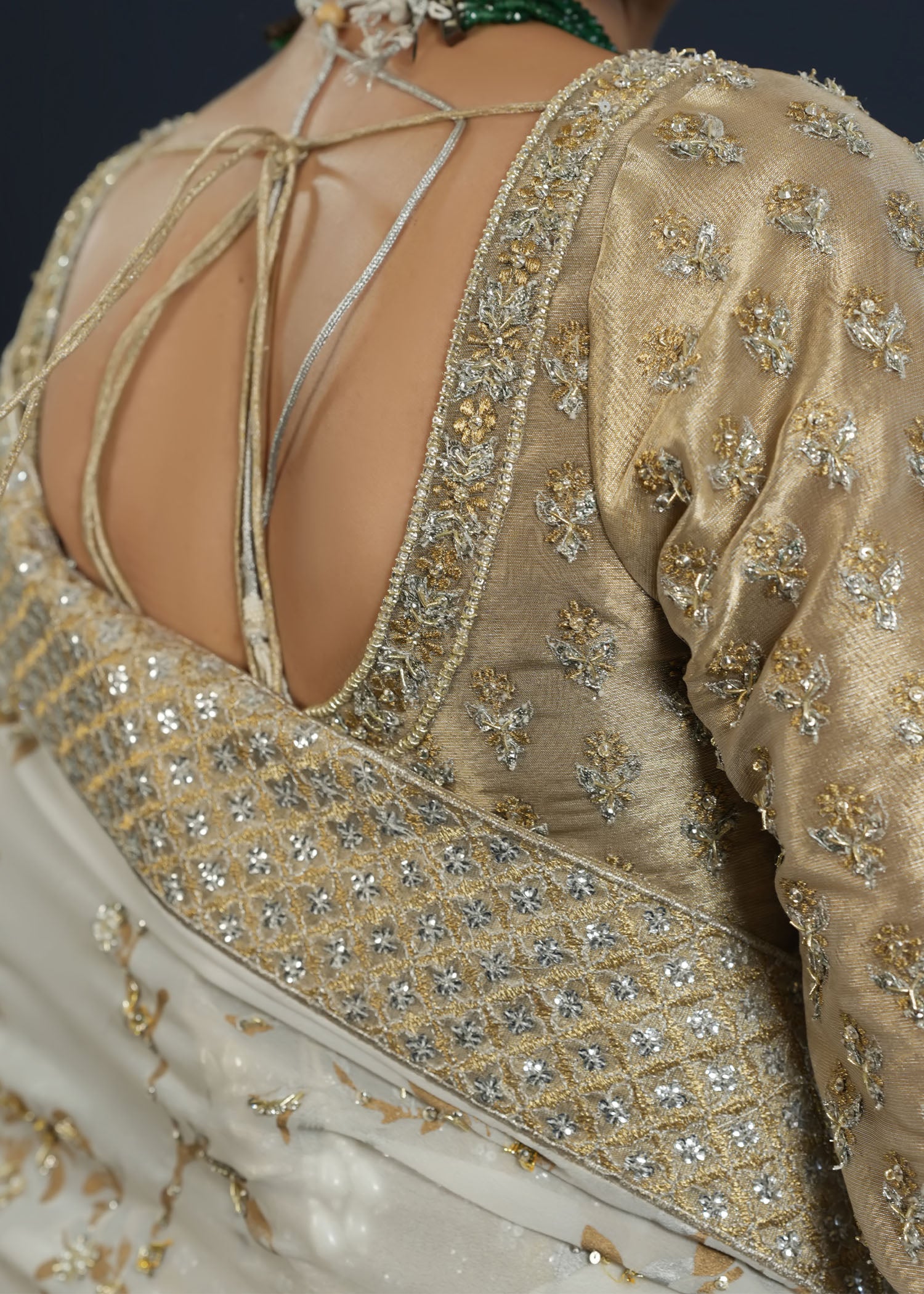 Ivory Gold Embellished Chiffon Tissue Saree (3-Piece) - Image 8