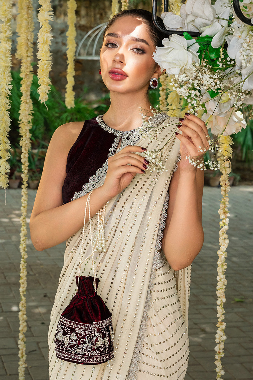 Pakistani Ivory Kaamdani Georgette Saree with Velvet Choli (2-Piece) - Image 2