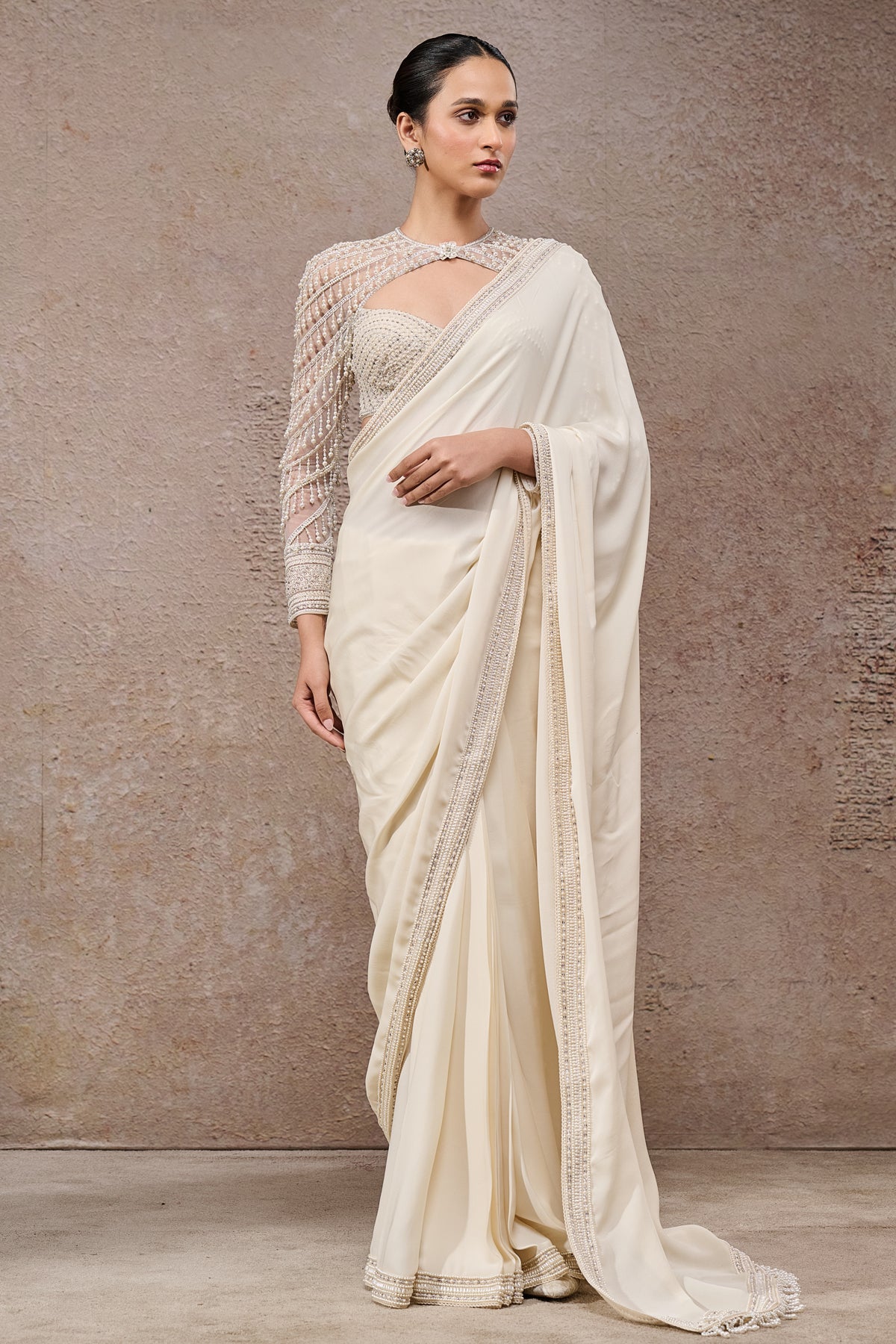 Ivory Pearl-Embroidered Georgette Saree (2-Piece) - Image 1