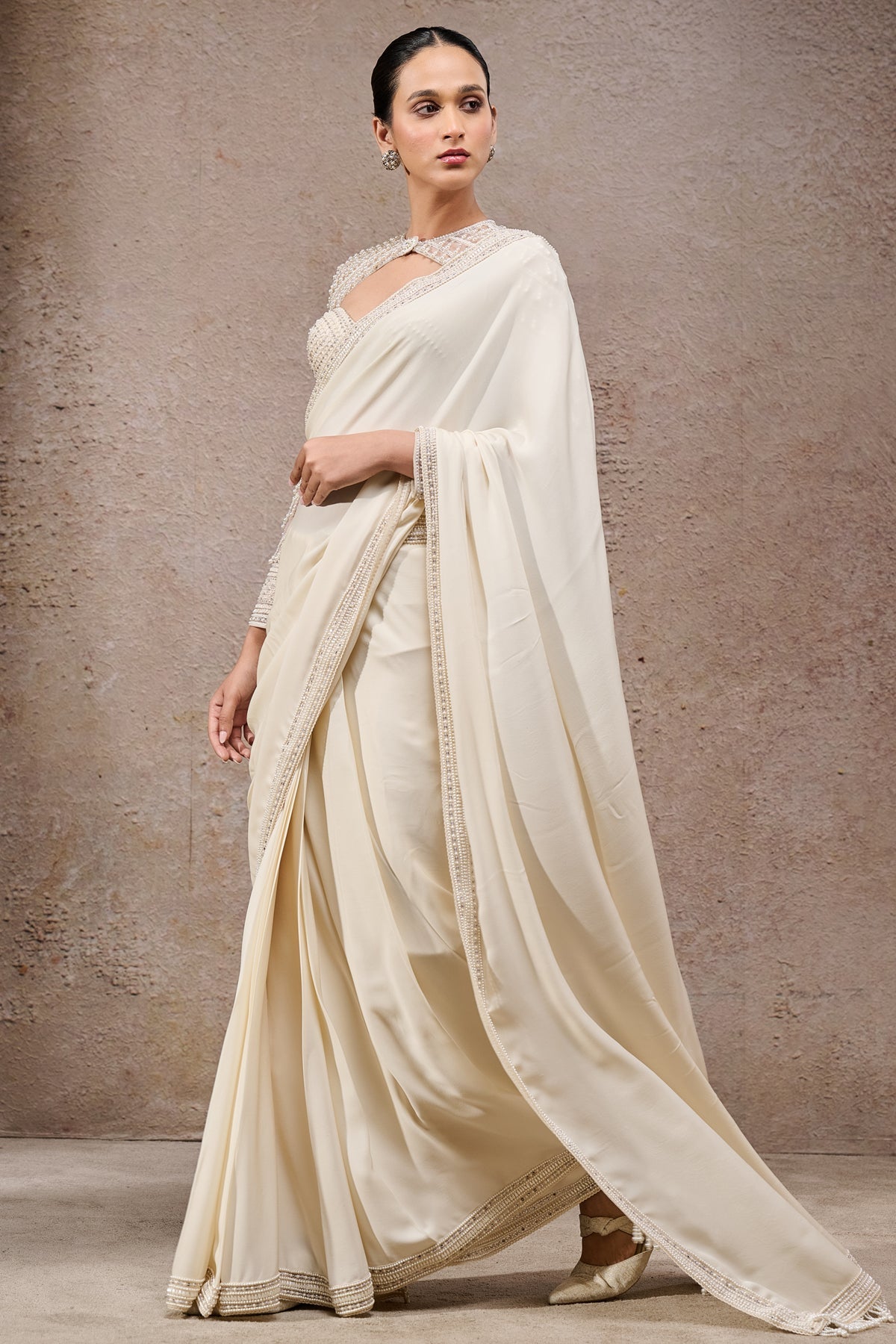 Ivory Pearl-Embroidered Georgette Saree (2-Piece) - Image 2