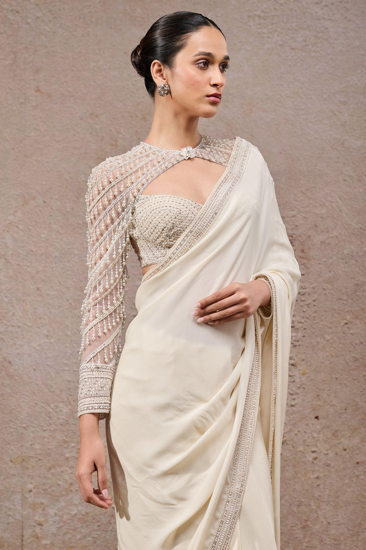 Ivory Pearl-Embroidered Georgette Saree (2-Piece) - Image 3