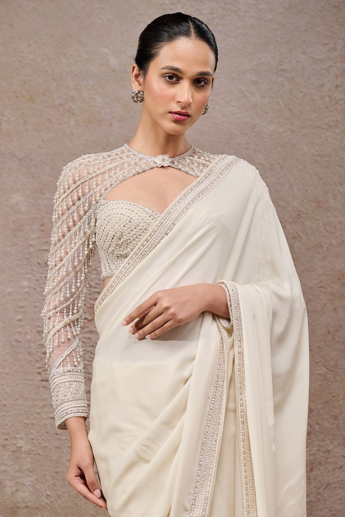Ivory Pearl-Embroidered Georgette Saree (2-Piece) - Image 4