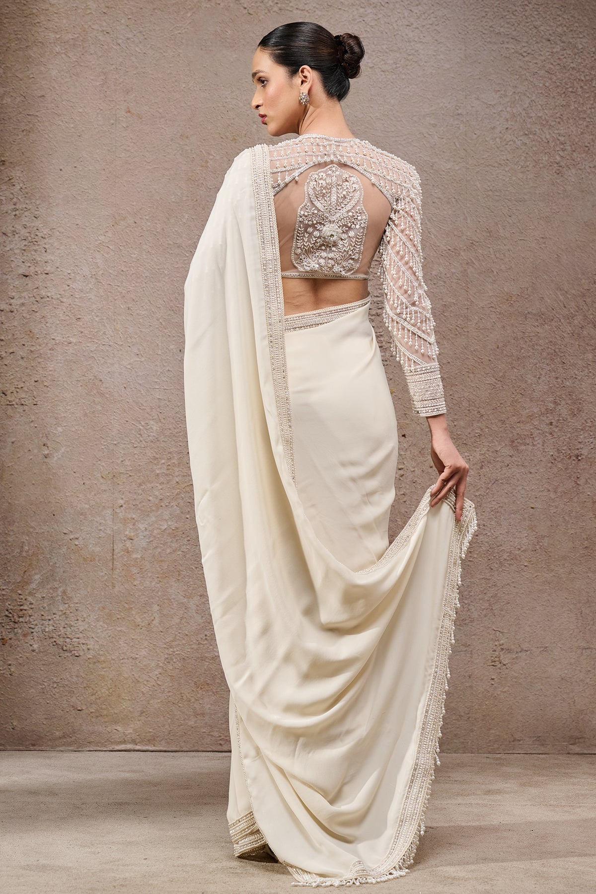 Ivory Pearl-Embroidered Georgette Saree (2-Piece) - Image 5