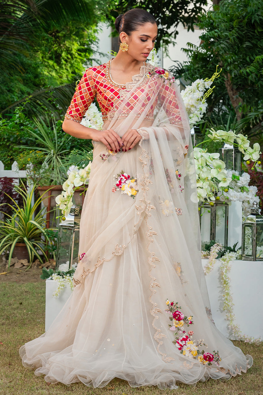 Bone Floral Embroidered Net & Jamawar Saree (2-Piece) - Image 1