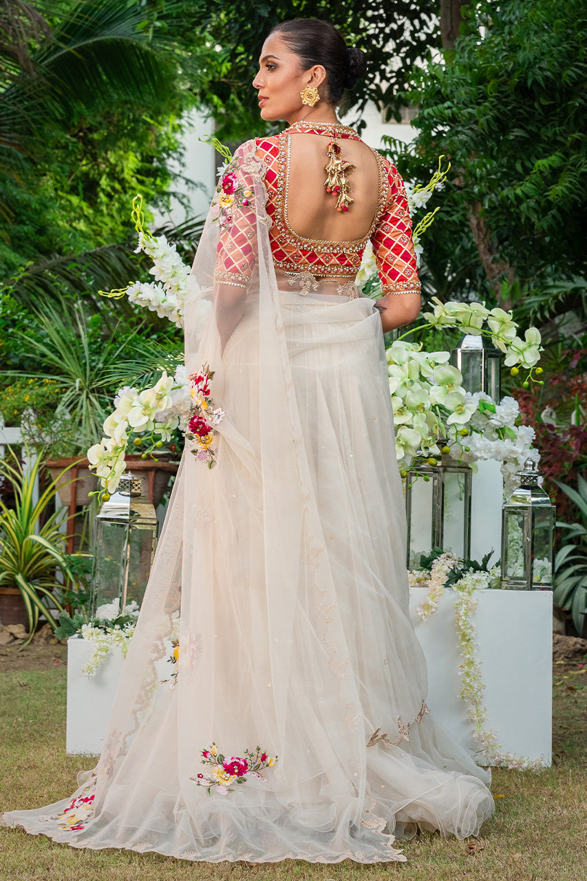 Bone Floral Embroidered Net & Jamawar Saree (2-Piece) - Image 2