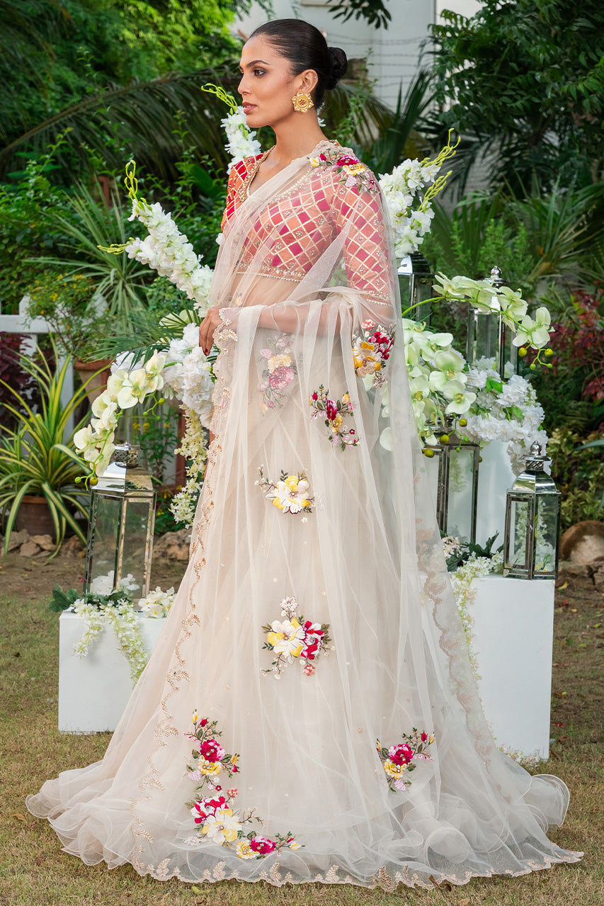 Bone Floral Embroidered Net & Jamawar Saree (2-Piece) - Image 3