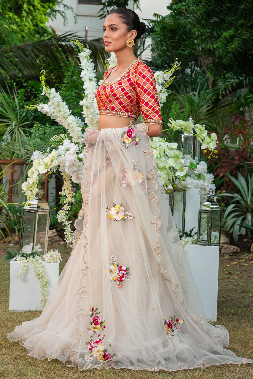 Bone Floral Embroidered Net & Jamawar Saree (2-Piece) - Image 4