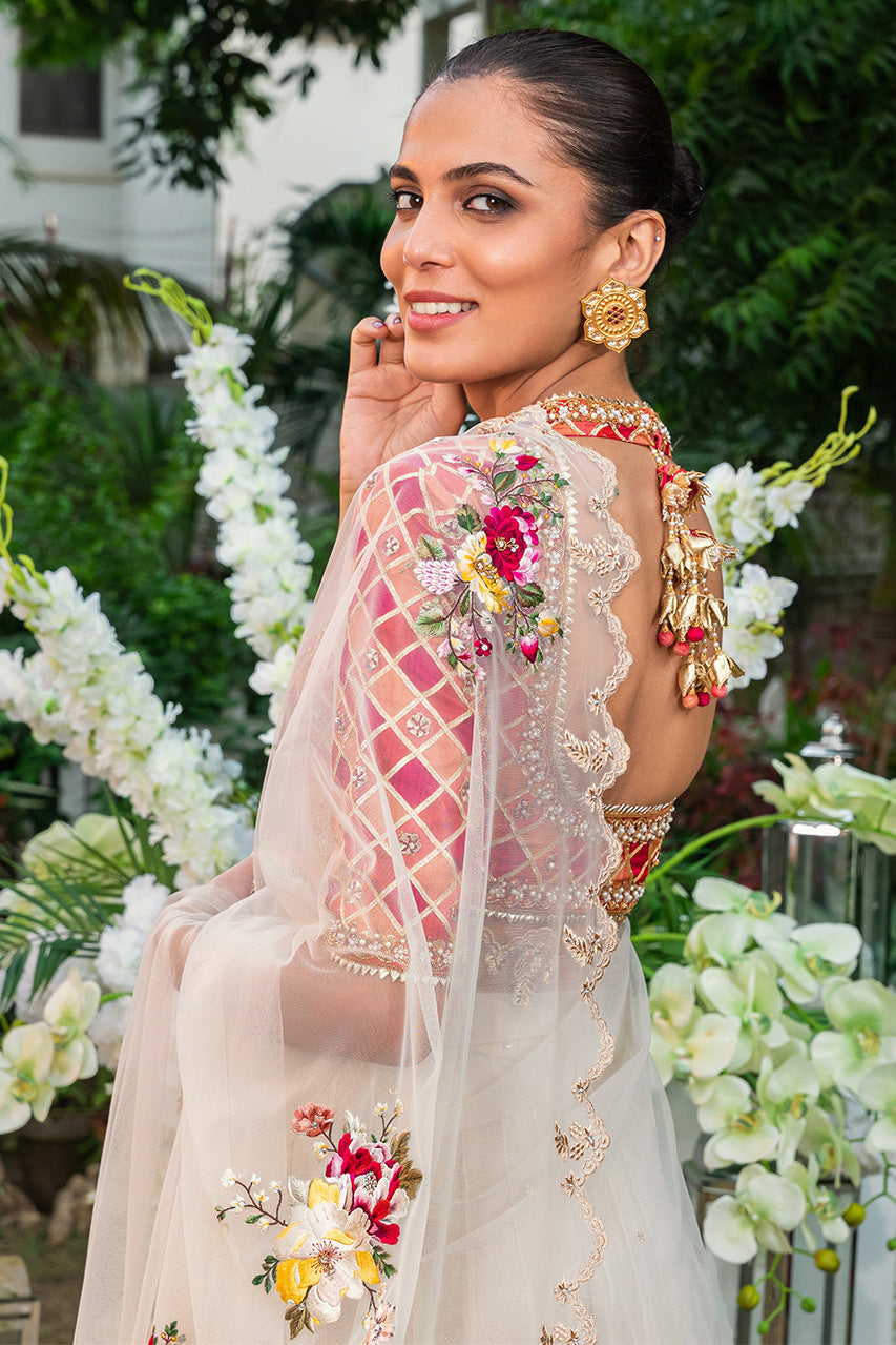 Bone Floral Embroidered Net & Jamawar Saree (2-Piece) - Image 5