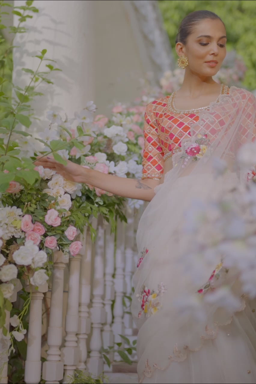 Bone Floral Embroidered Net & Jamawar Saree (2-Piece) - Image 6