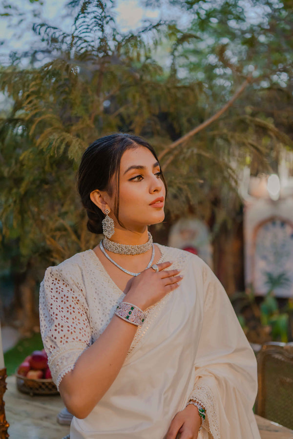 Indian Off-White Pearl & Tilla Katan Silk Saree (2-Piece) - Image 2