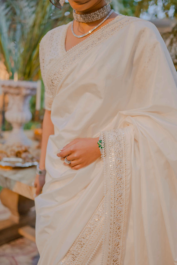 Indian Off-White Pearl & Tilla Katan Silk Saree (2-Piece) - Image 3