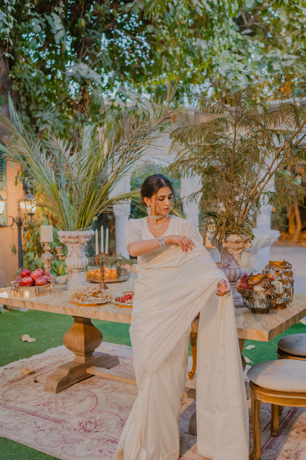 Indian Off-White Pearl & Tilla Katan Silk Saree (2-Piece) - Image 4