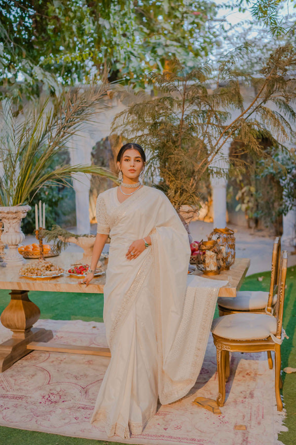 Indian Off-White Pearl & Tilla Katan Silk Saree (2-Piece) - Image 5