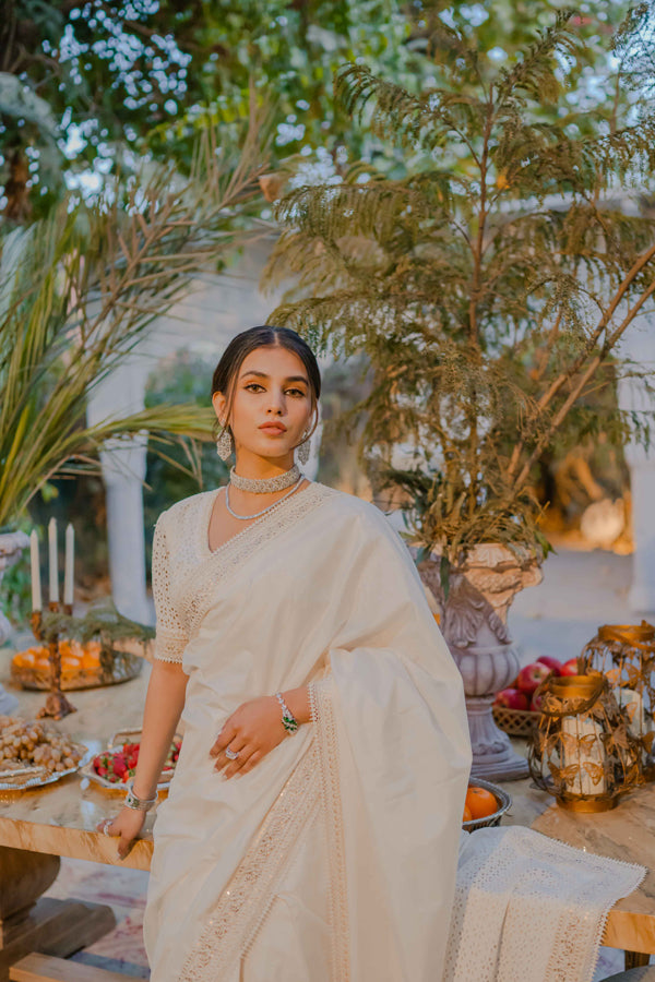 Indian Off-White Pearl & Tilla Katan Silk Saree (2-Piece) - Image 6