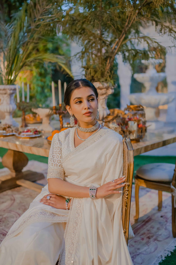 Indian Off-White Pearl & Tilla Katan Silk Saree (2-Piece) - Image 7