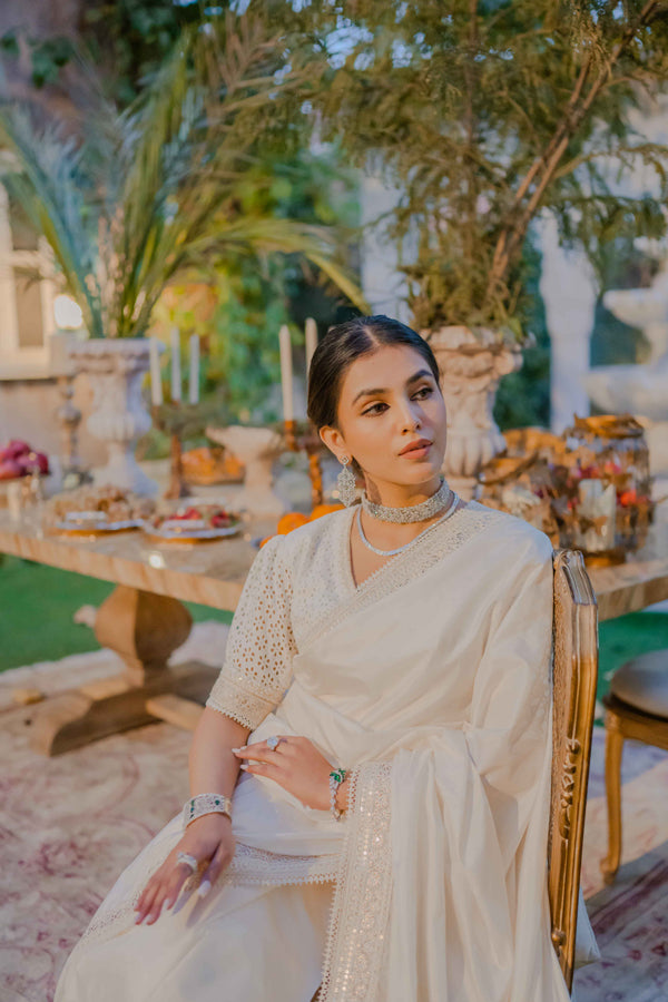 Indian Off-White Pearl & Tilla Katan Silk Saree (2-Piece) - Image 8