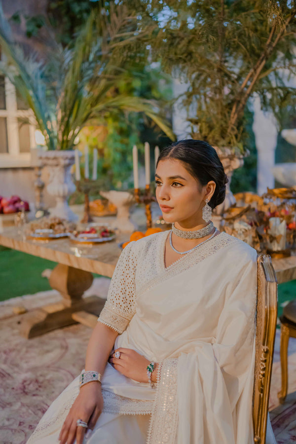 Indian Off-White Pearl & Tilla Katan Silk Saree (2-Piece) - Image 9