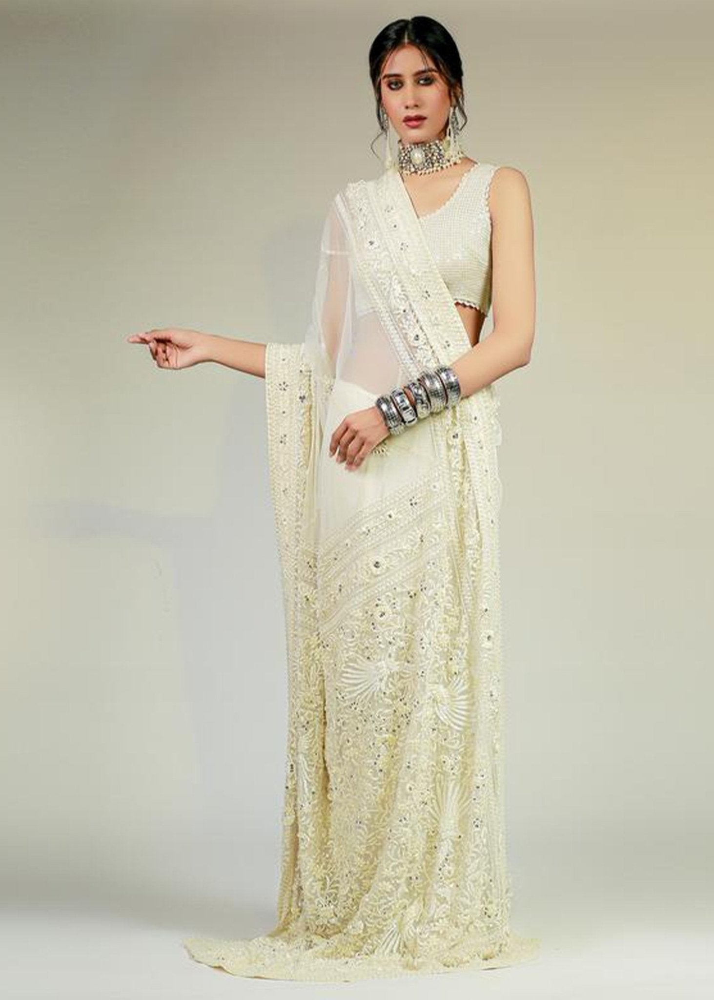 Pakistani Off-White Embroidered Korean Net Saree (3-Piece) - Image 1