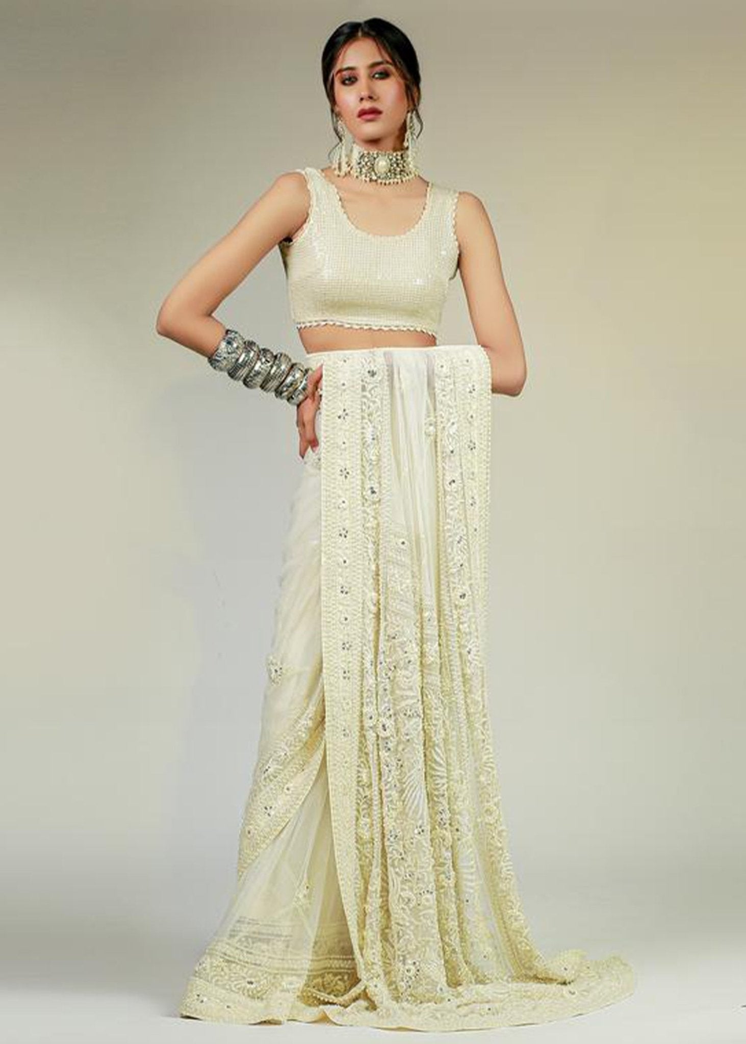Pakistani Off-White Embroidered Korean Net Saree (3-Piece) - Image 2