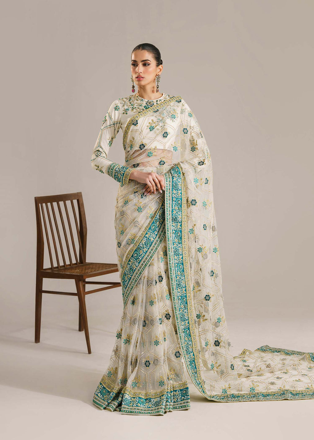 Pakistani Ivory Hand-Embellished Korean Raw Silk & Net Saree (2-Piece) - Image 1