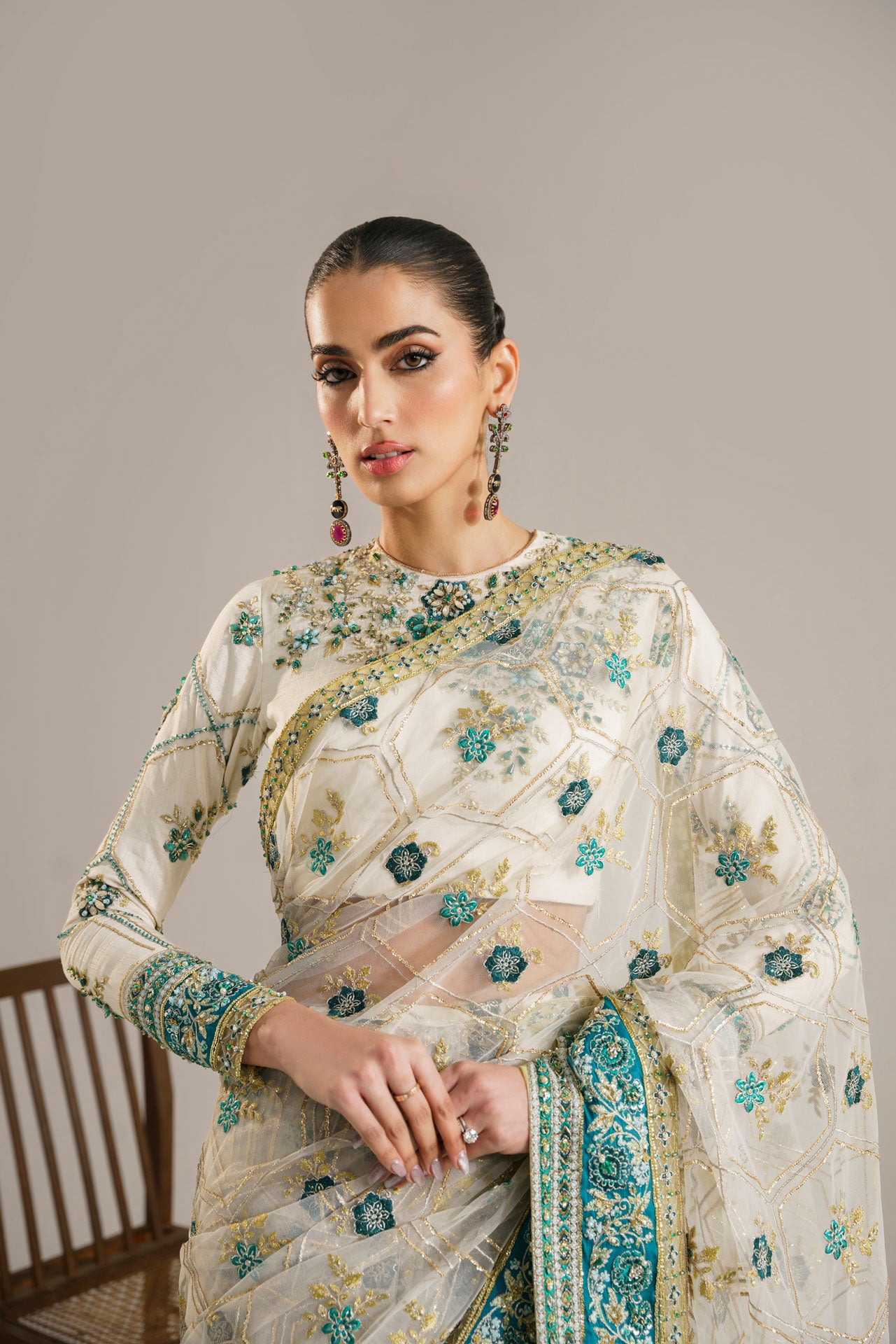 Pakistani Ivory Hand-Embellished Korean Raw Silk & Net Saree (2-Piece) - Image 3