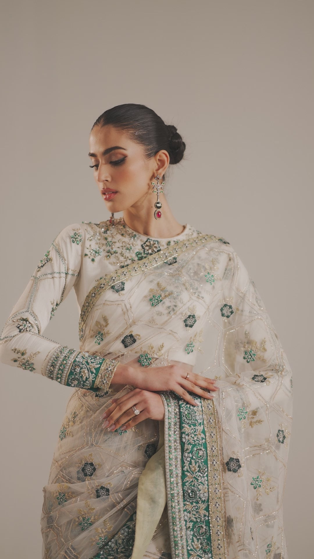 Pakistani Ivory Hand-Embellished Korean Raw Silk & Net Saree (2-Piece) - Image 7