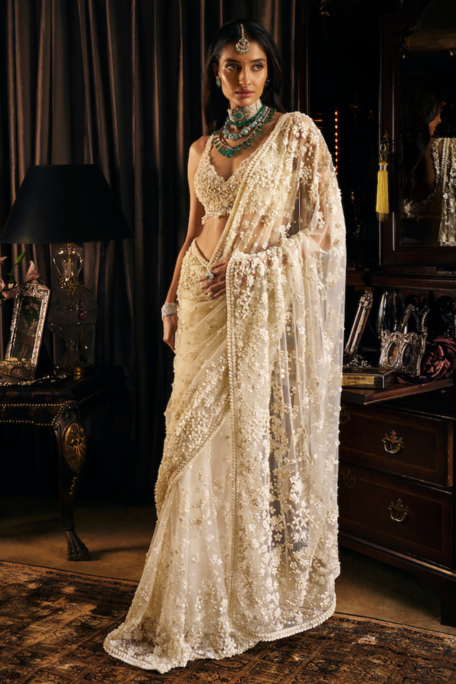 Indian Ivory Three-Dimensional Embroidered Net Saree (2-Piece) - Image 1