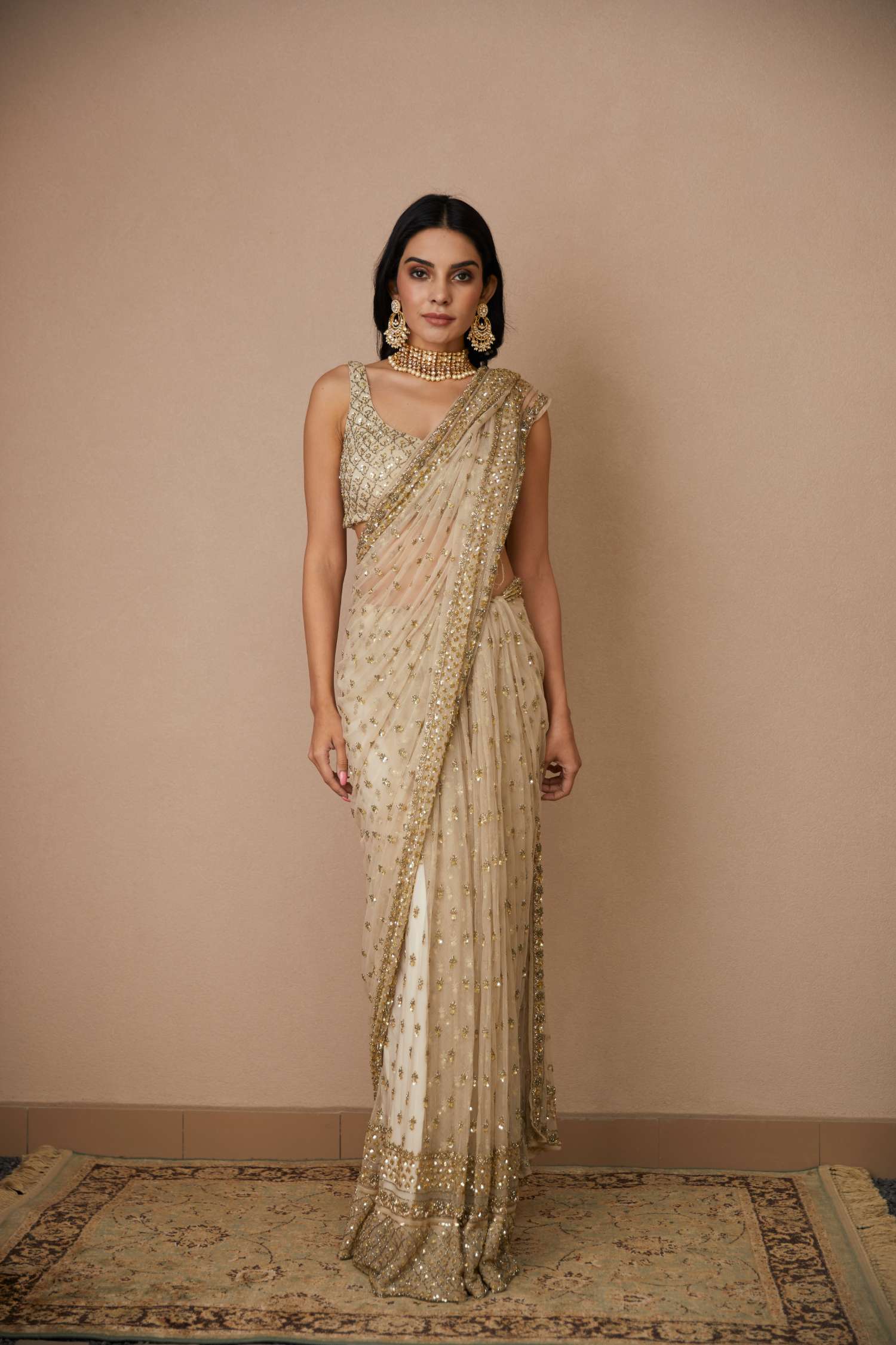 Off White Gold Booti Net Saree (2-Piece) - Image 1