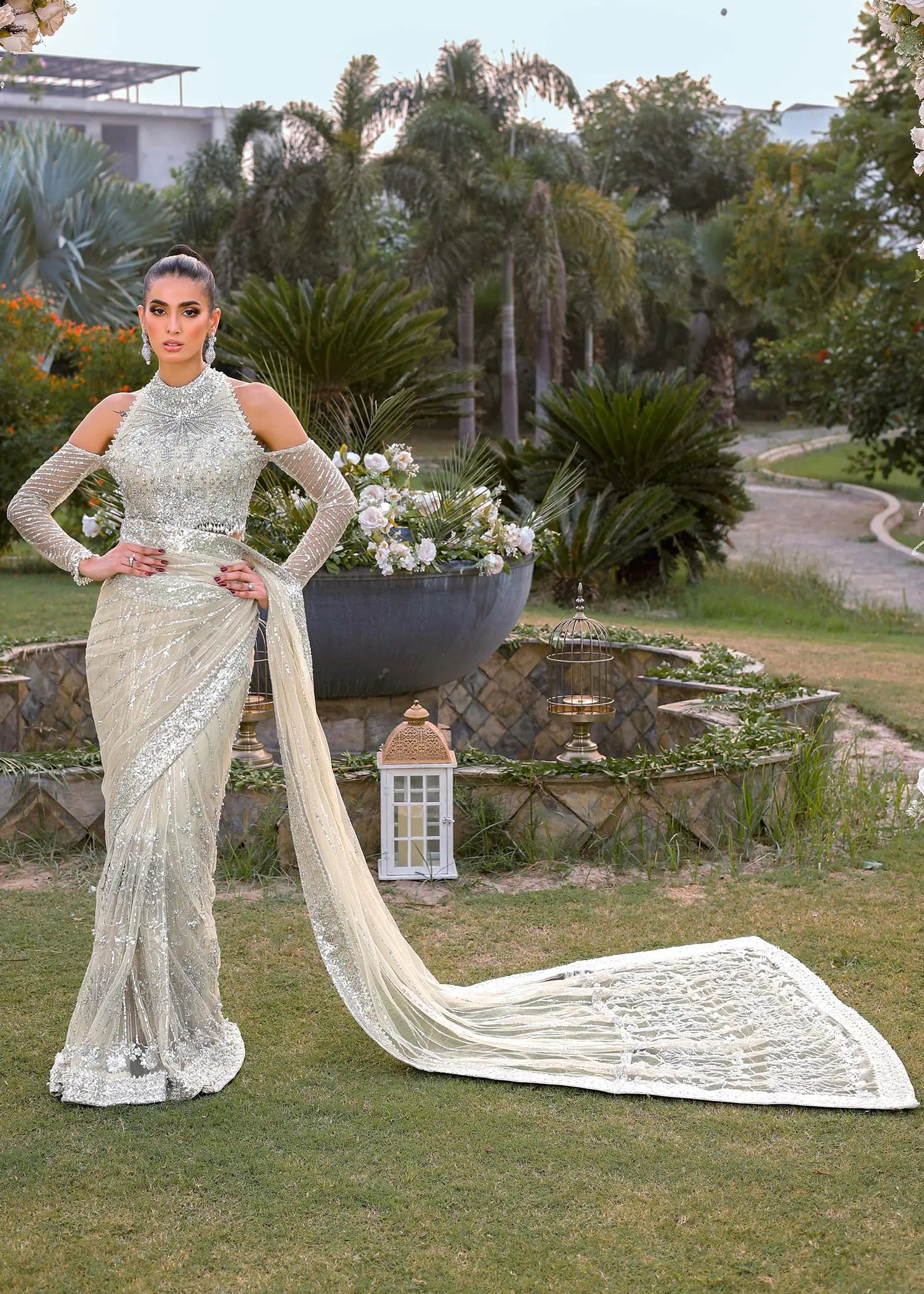 Pakistani Ivory Hand-Embellished Net & Shimmer Saree (3-Piece) - Image 1