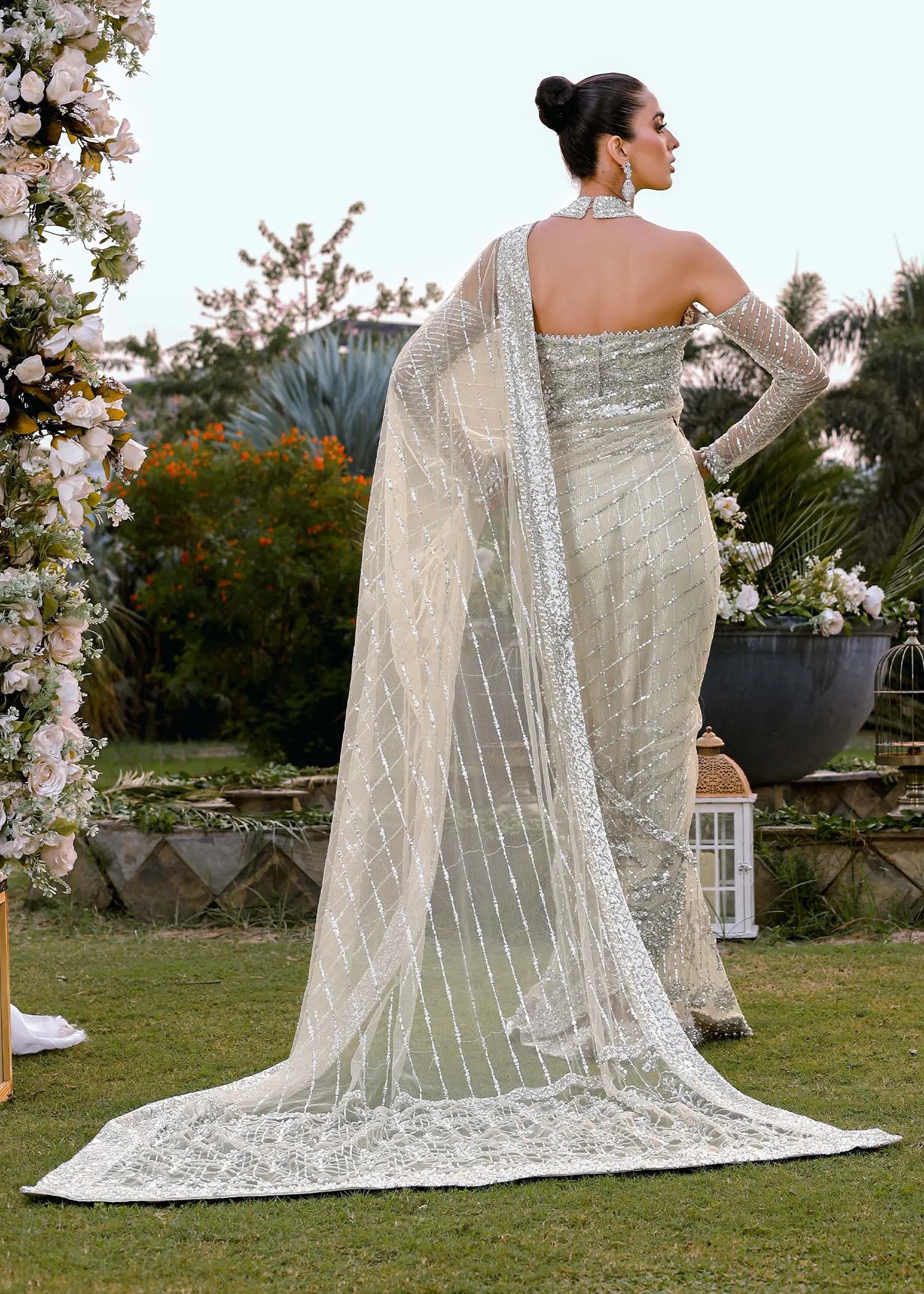 Pakistani Ivory Hand-Embellished Net & Shimmer Saree (3-Piece) - Image 2