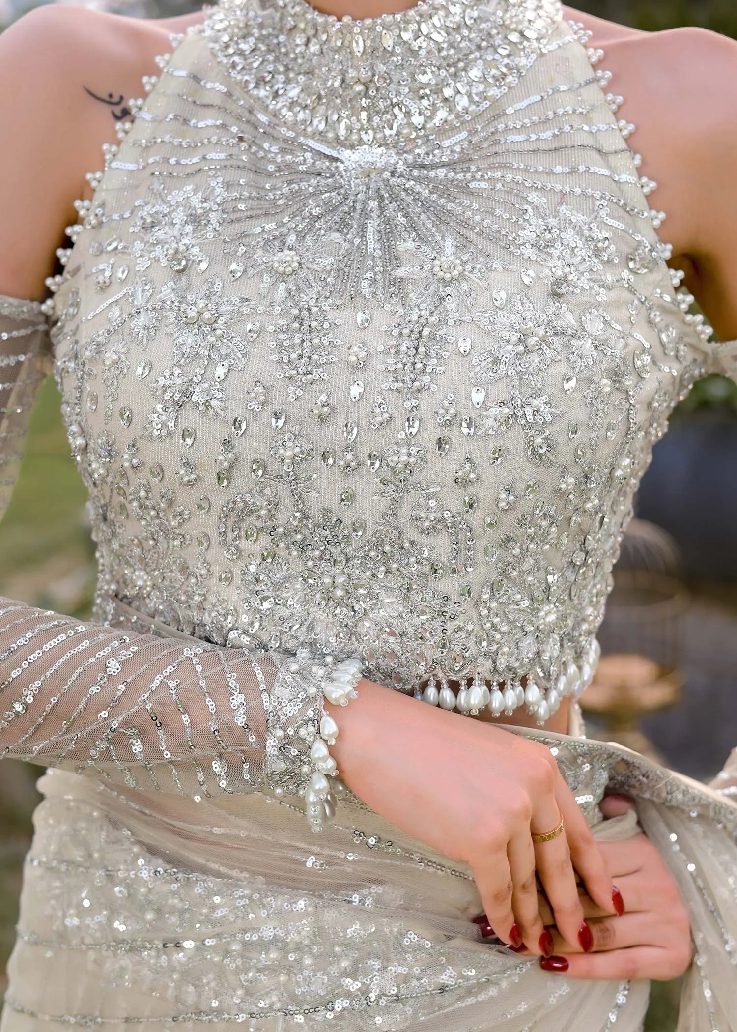 Pakistani Ivory Hand-Embellished Net & Shimmer Saree (3-Piece) - Image 3