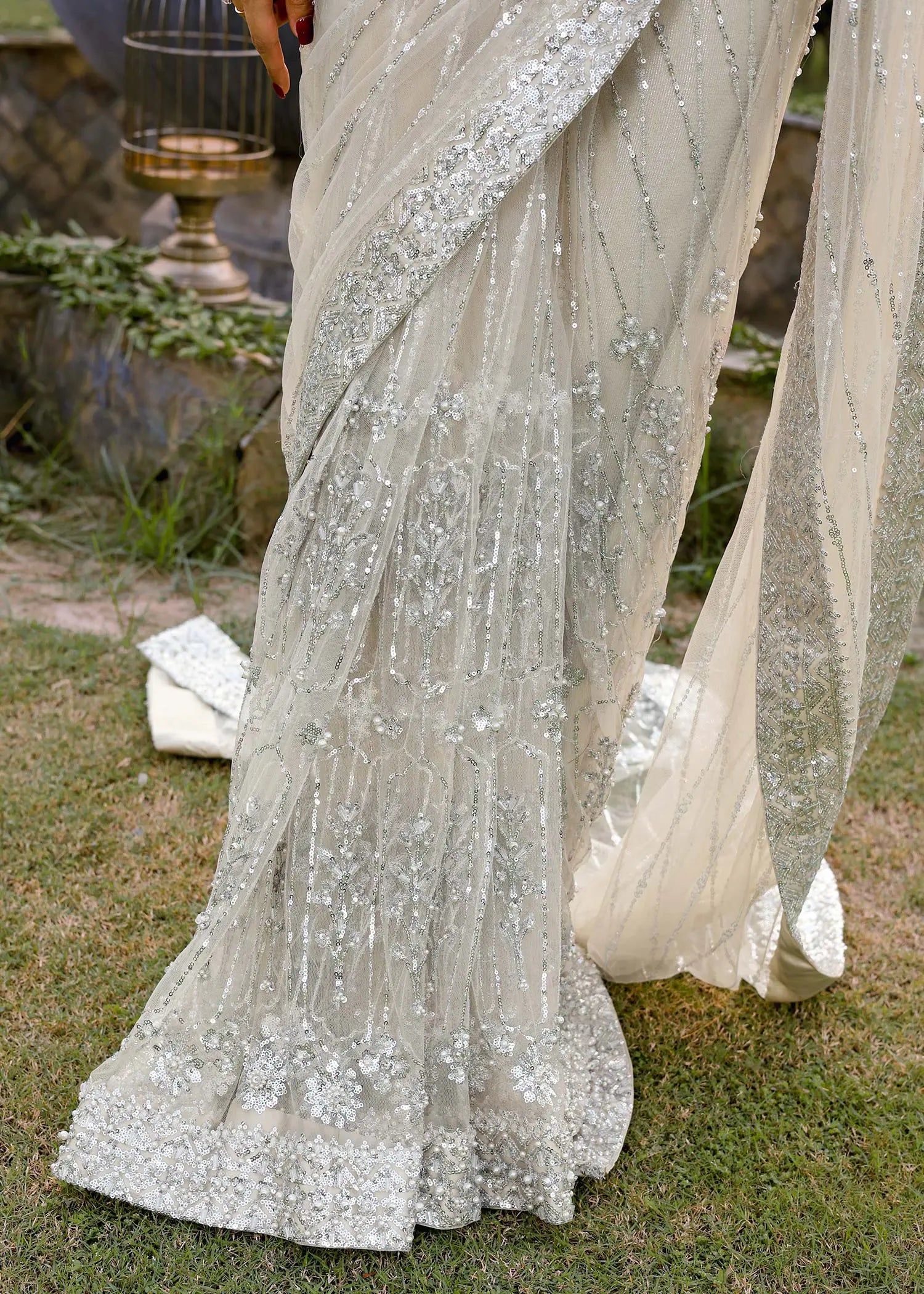 Pakistani Ivory Hand-Embellished Net & Shimmer Saree (3-Piece) - Image 6