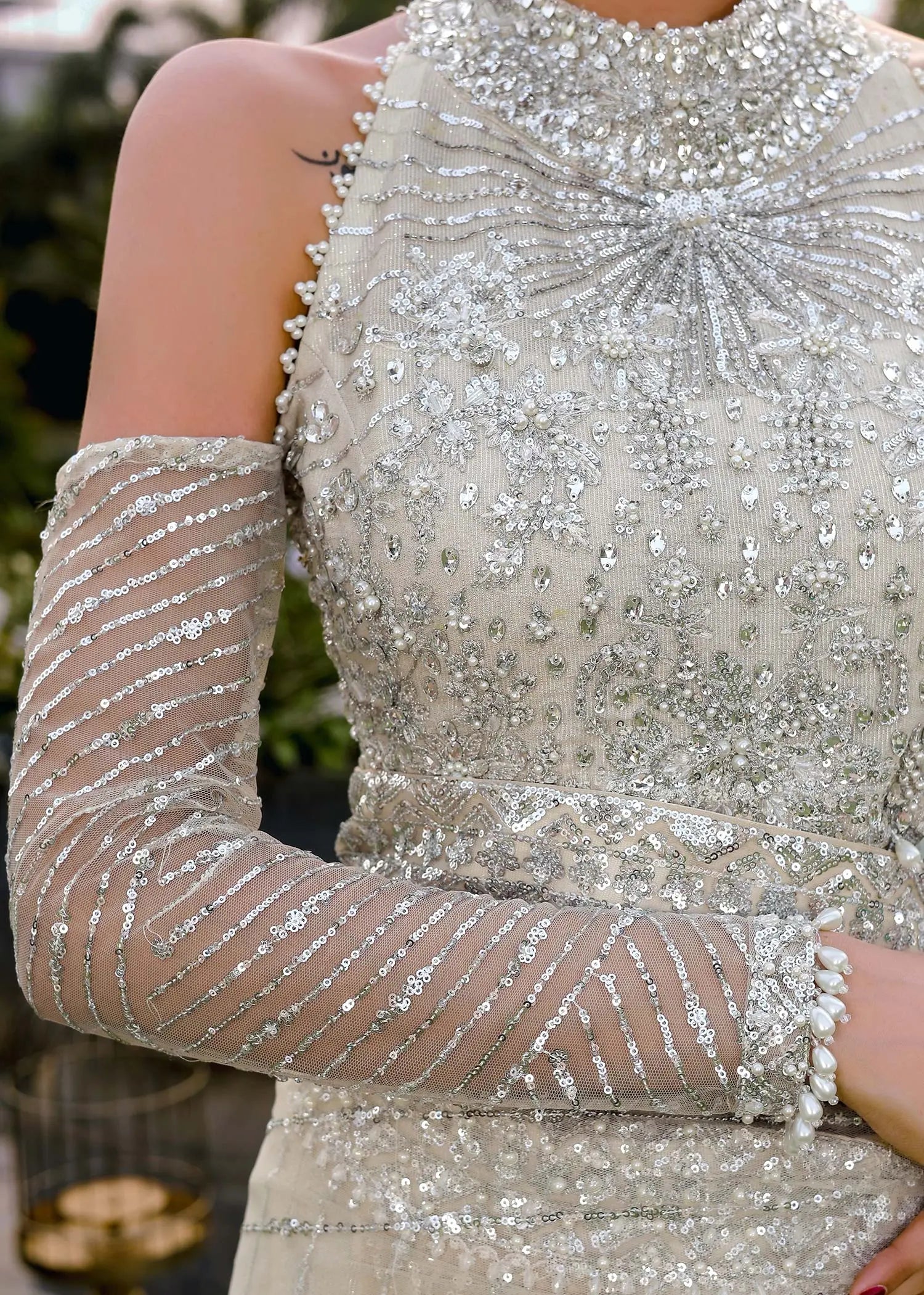 Pakistani Ivory Hand-Embellished Net & Shimmer Saree (3-Piece) - Image 7